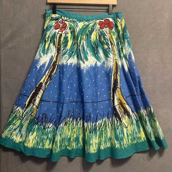 BERNADO Skirt Size 12 Graphic Beach Scene Coconuts Sequins Resort Vacation Artsy - Picture 7 of 7